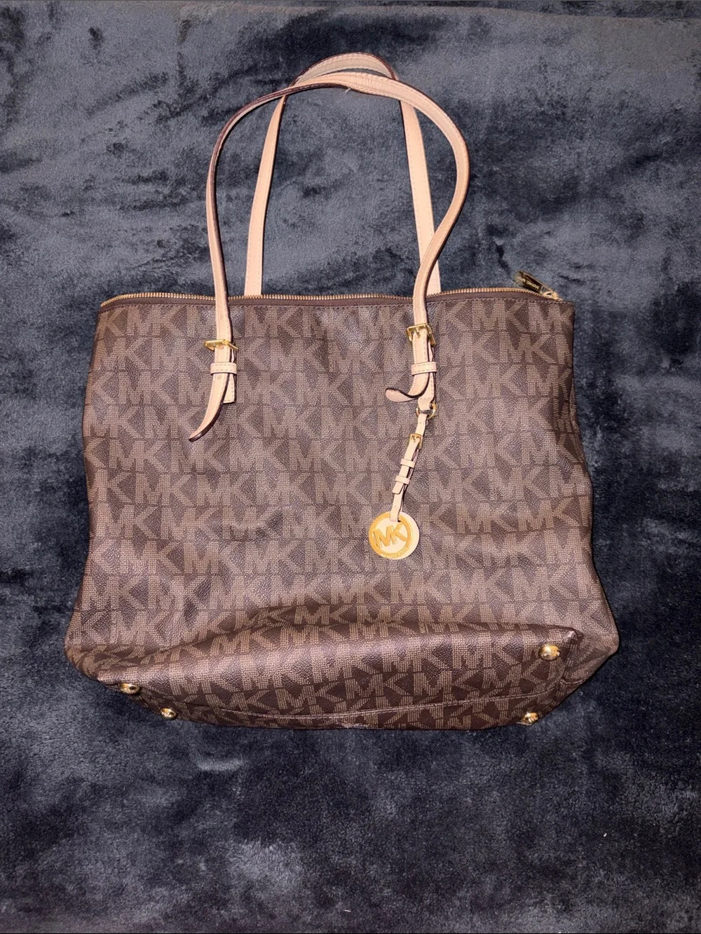 Michael Kors Brown MK Signature Tote with Pale Pink Handles and Gold Charm
